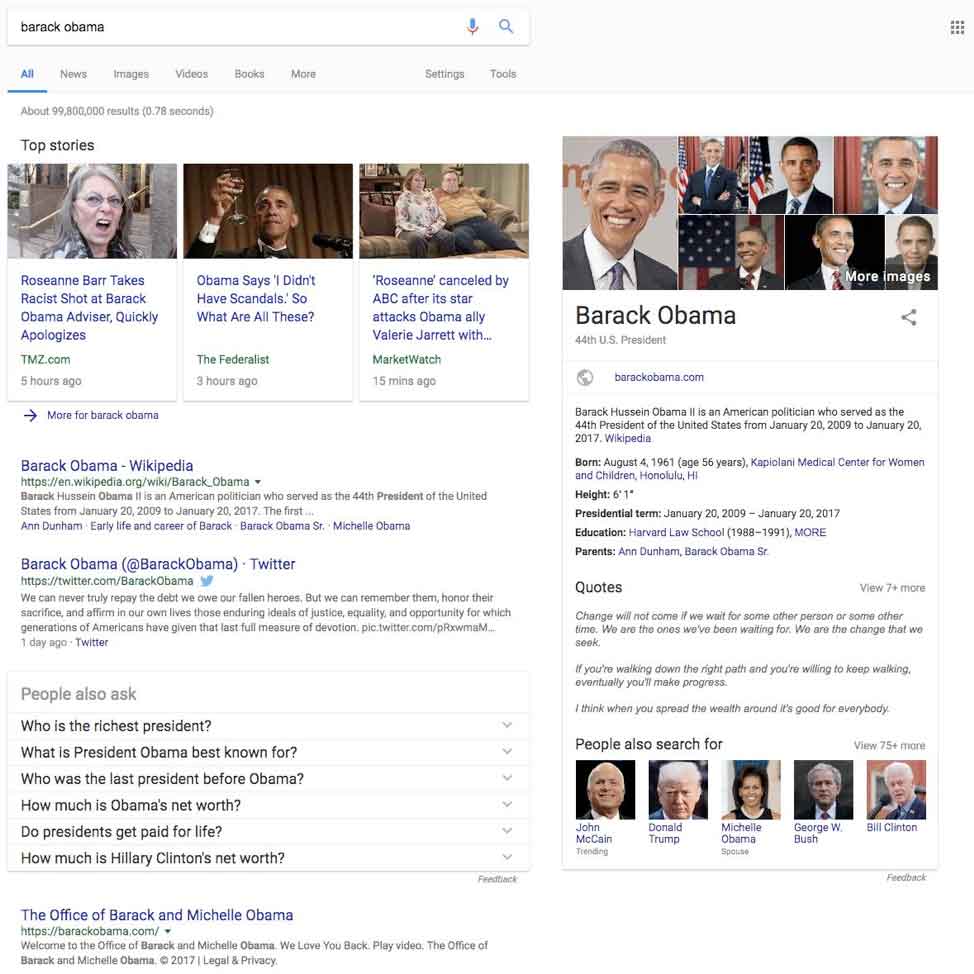 Google universal search results page for Barack Obama showing news, images, and knowledge panel
