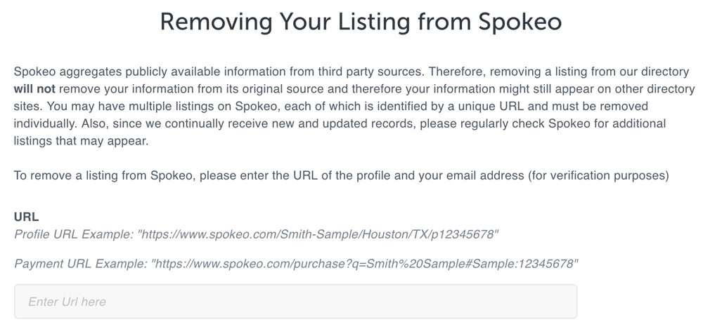 Screenshot showing the Spokeo opt-out page where users can search for and remove their personal listing