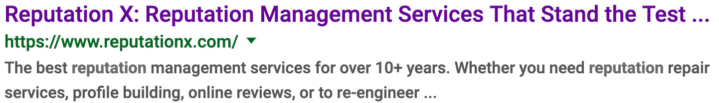 Example of a search result description snippet for ReputationX in Google search results