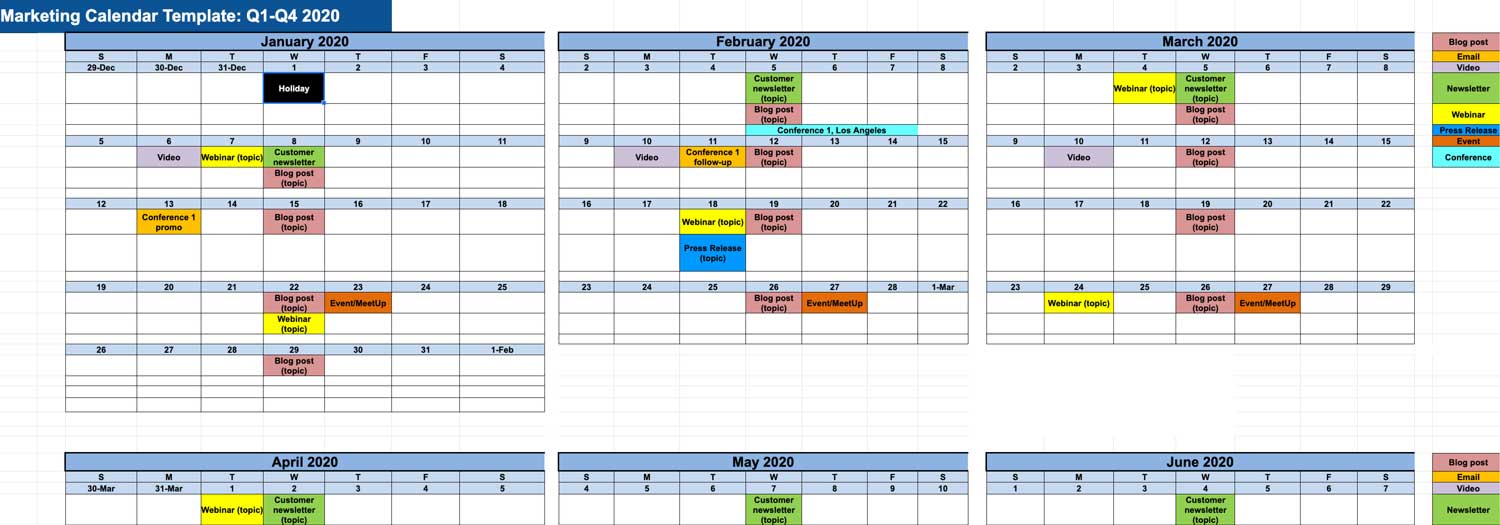 Sample content calendar template for planning brand content throughout the year