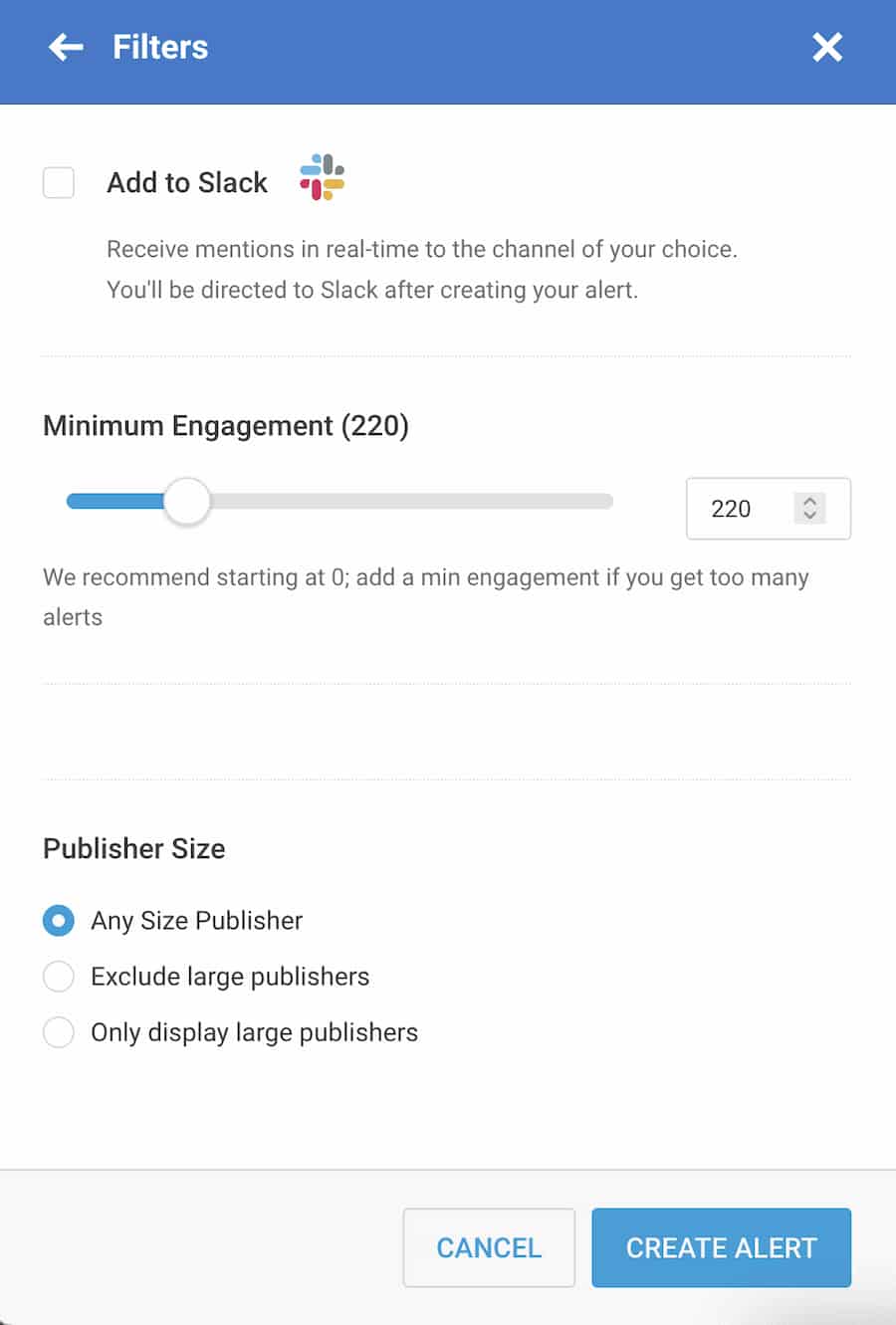 Screenshot of Buzzsumo alert settings showing options to filter brand mentions by social media engagement level