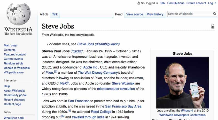 Steve Jobs Wikipedia page summary section showing the introductory overview format