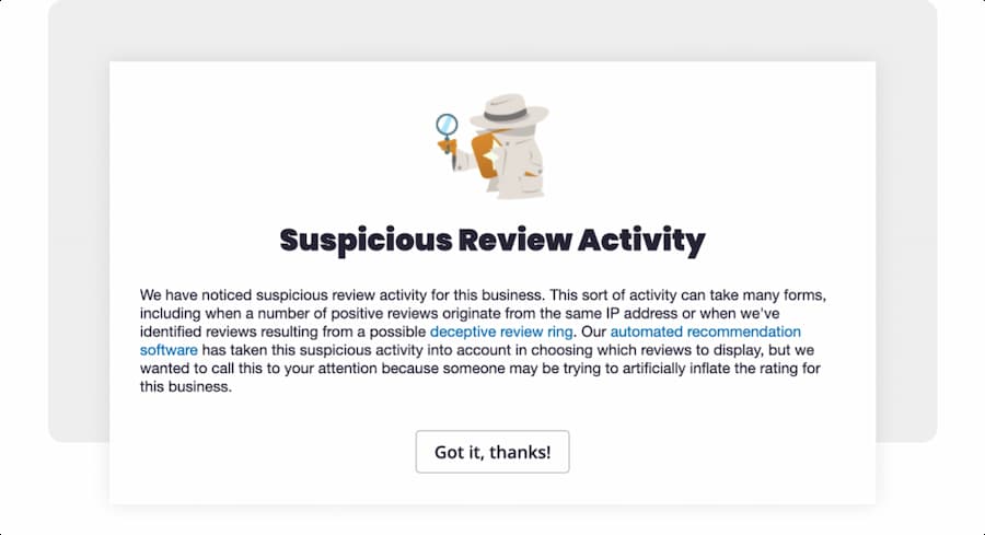 Screenshot of a Yelp suspicious review activity consumer alert on a business profile