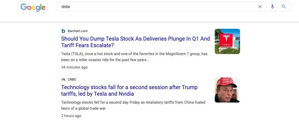 Negative search results for Tesla.