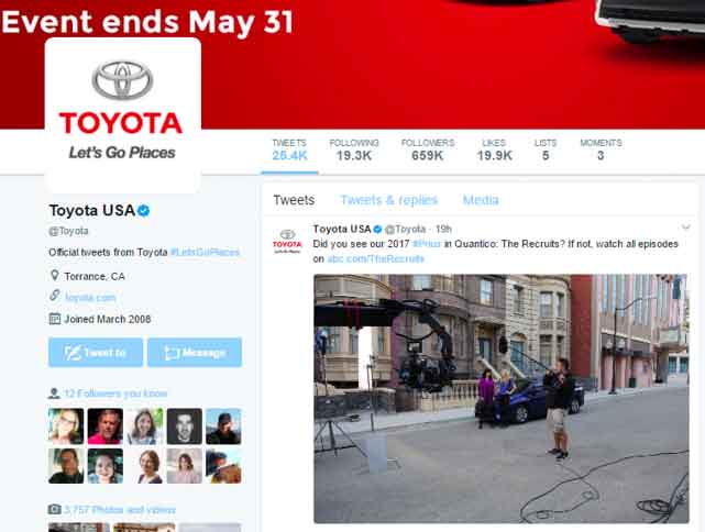 Toyota's owned media example showing a post on X (formerly Twitter).