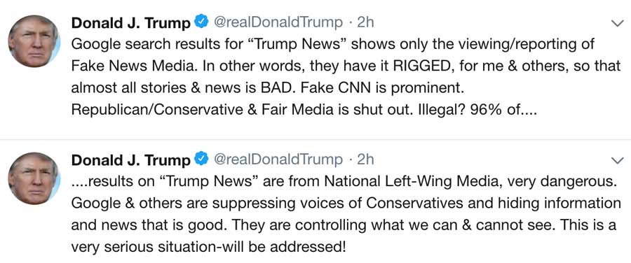 Donald Trump tweets claiming Google search results are rigged against him