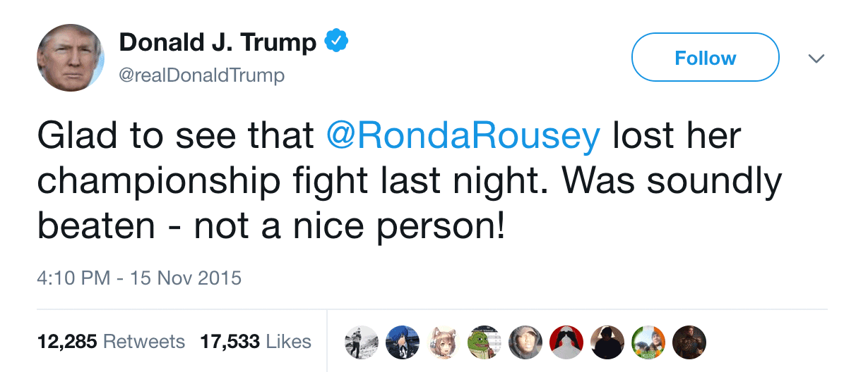 Trump tweet calling Ronda Rousey not a nice person after her UFC loss