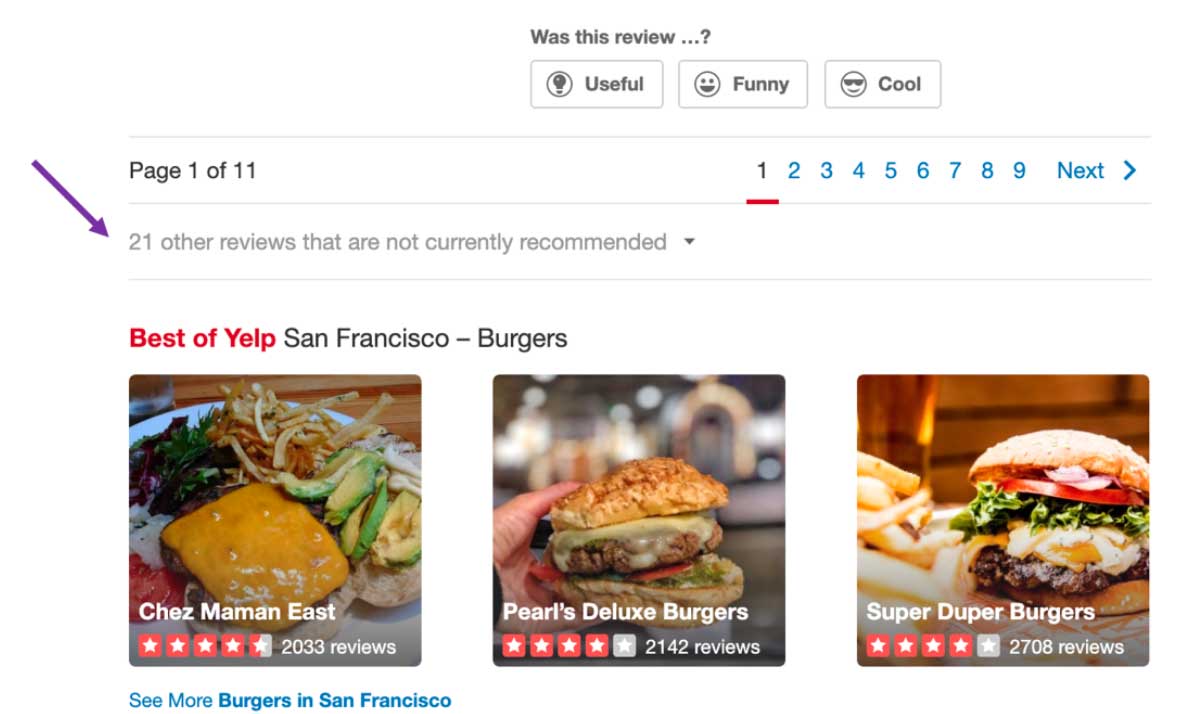 Yelp's 'not recommended' section where filtered reviews are displayed