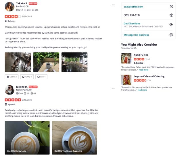 Yelp reviews showing customer names, photos, and detailed feedback