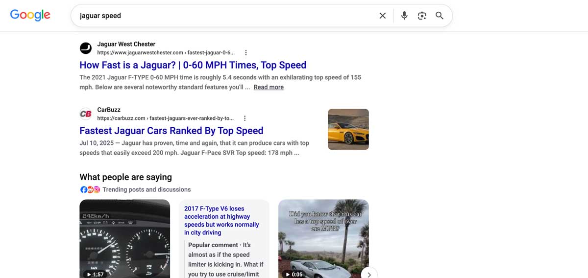 Google results for the search jaguar speed, showing Jaguar car results