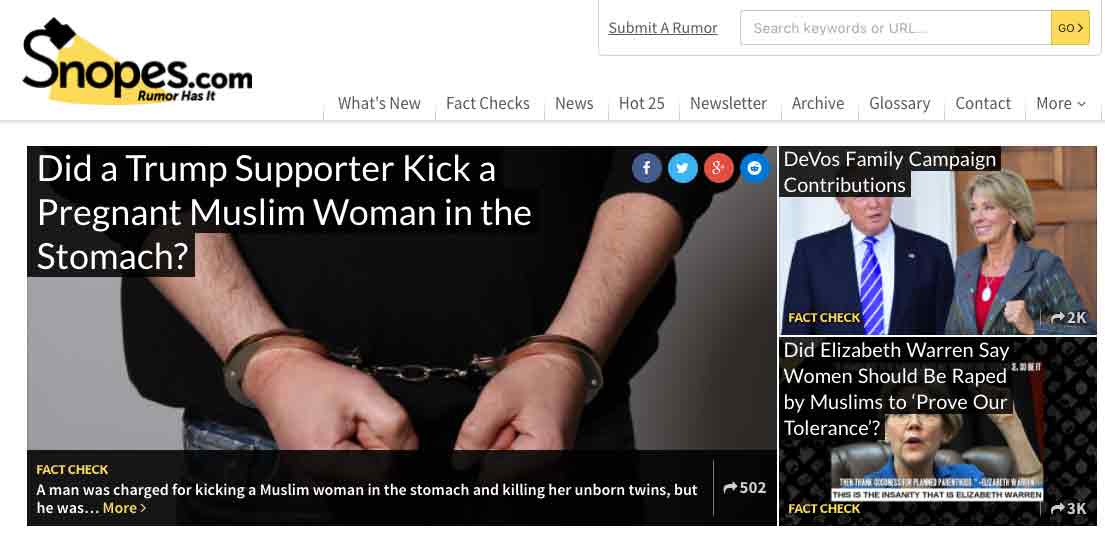 Screenshot of the Snopes fact-checking website homepage